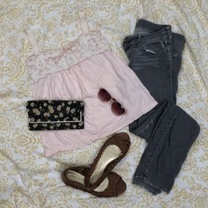 Pink tank top with lace neckline